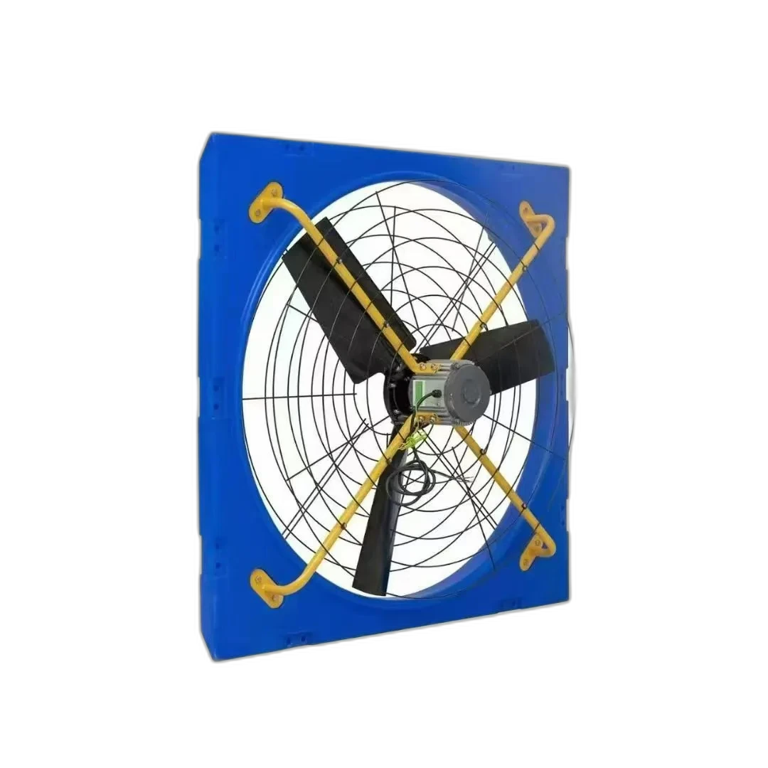 Cattle barn fan with blue and black blades