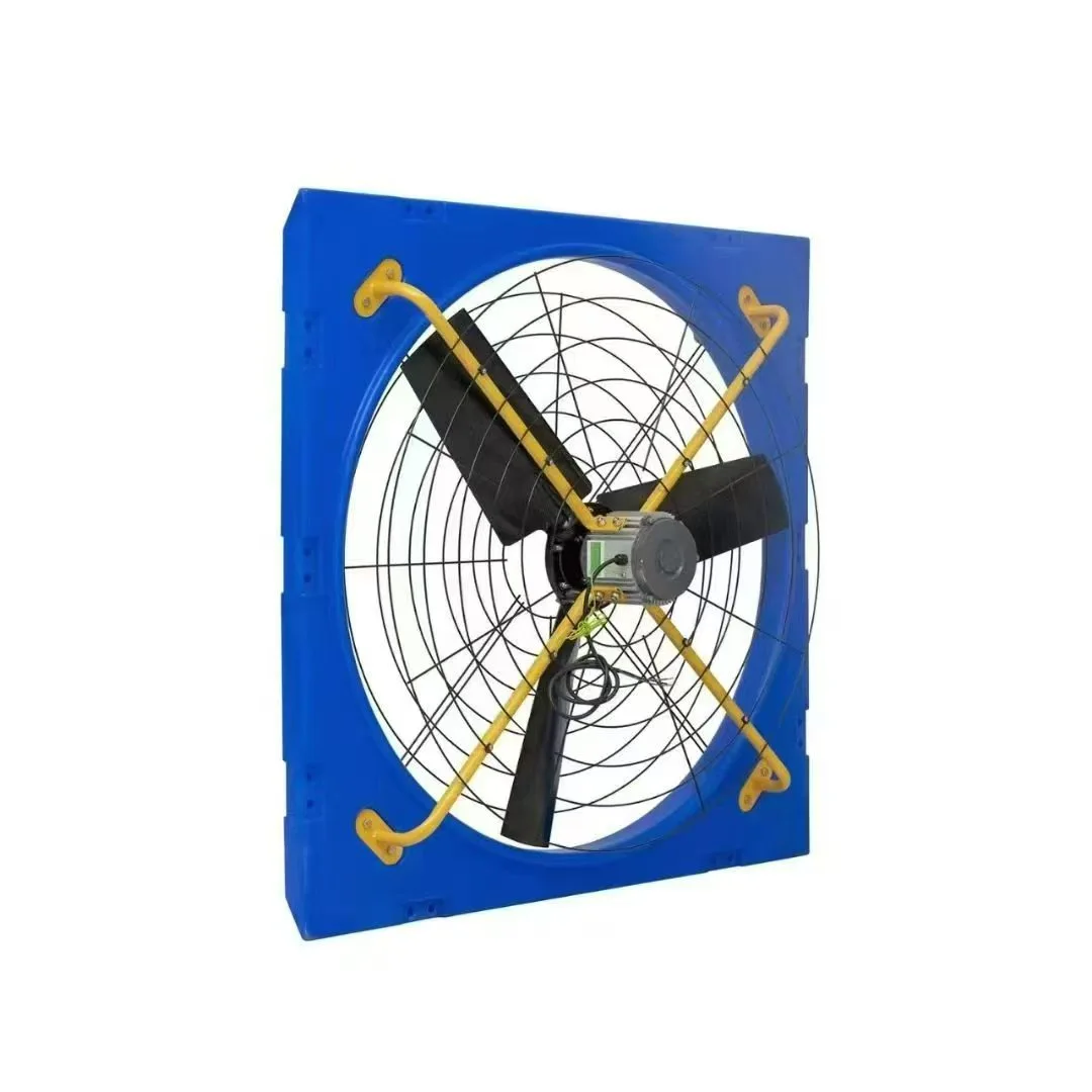 Cattle barn box fan, blue housing, black blades