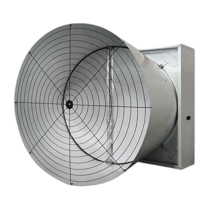 Galvanized cone exhaust fan with wire guard, side view