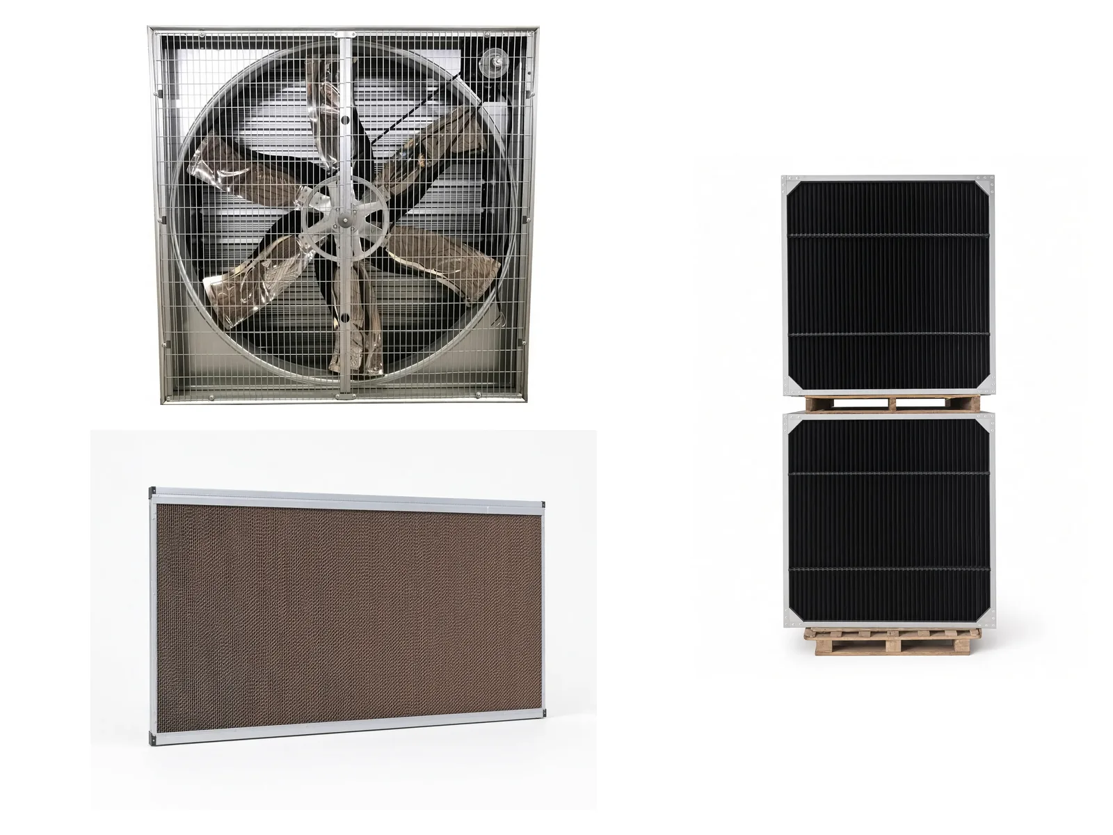 Tunnel ventilation system — exhaust fans and evaporative cooling pads; on dark-out houses, light traps at the fan end