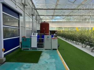Polycarbonate greenhouse with solar panels for sustainable winter farming by EcoHarvest