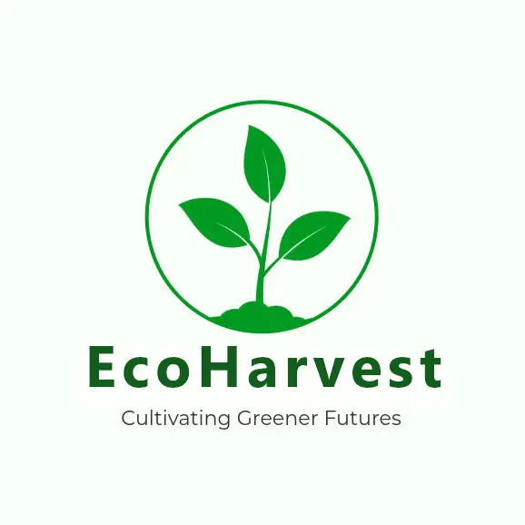 Minimalist logo for EcoHarvest Agri-Tech featuring a stylized green leaf integrated with a digital circuit pattern or a golden grain stalk.
